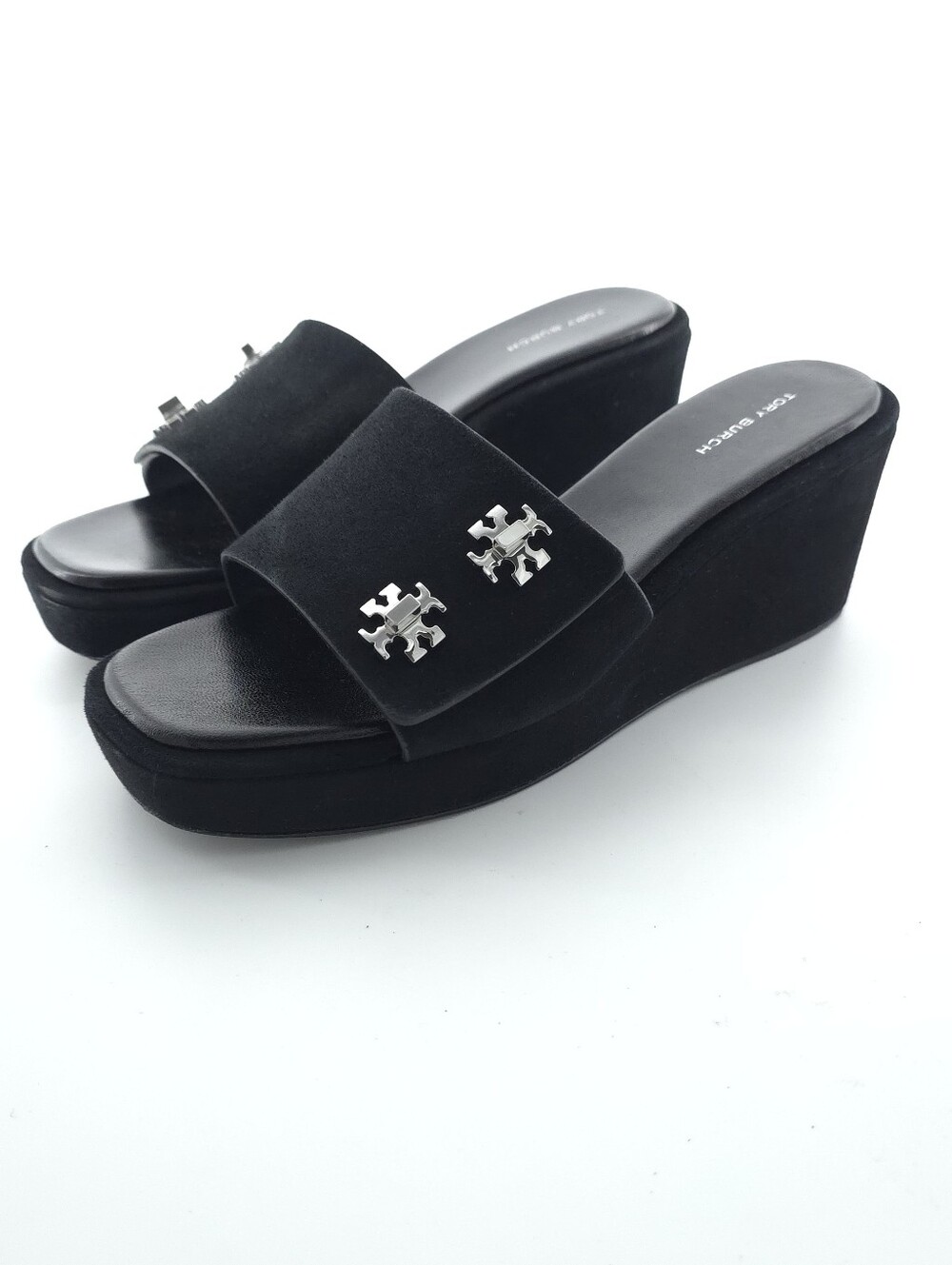Tory Burch T Lock Suede Wedge Black Open Toe Sandals Size 8 $350